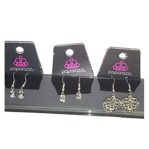 3 pair of paparazzi dangle earrings. Silver hearts